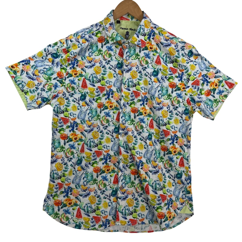 Visconti Black Men's Hawaiian Shirt Large Tropical Fruit Cocktail Print Colorful